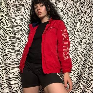 Nautical bright red and navy logo jacket
